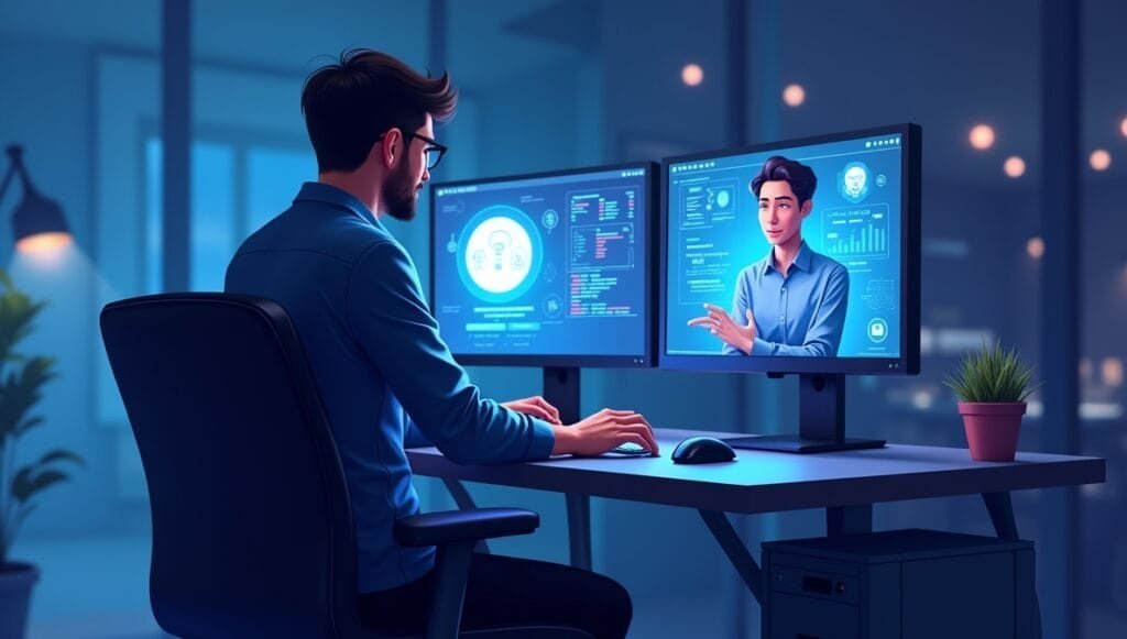 Futuristic illustration of a developer sitting at a dual-screen setup