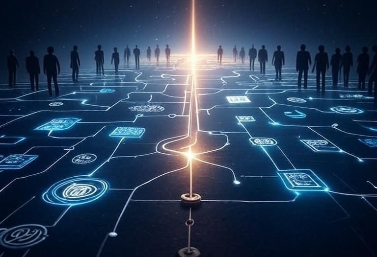 Visionary illustration showing the historical evolution of programming languages leading to a future with AI-native and quantum computing, symbolizing the road ahead for developers.