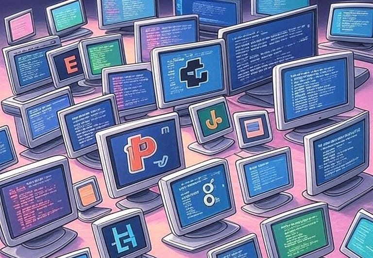 Collage depicting the early 2000s web development era with JavaScript, PHP, and SQL, symbolizing the rise of scripting languages and domain-specific tools.