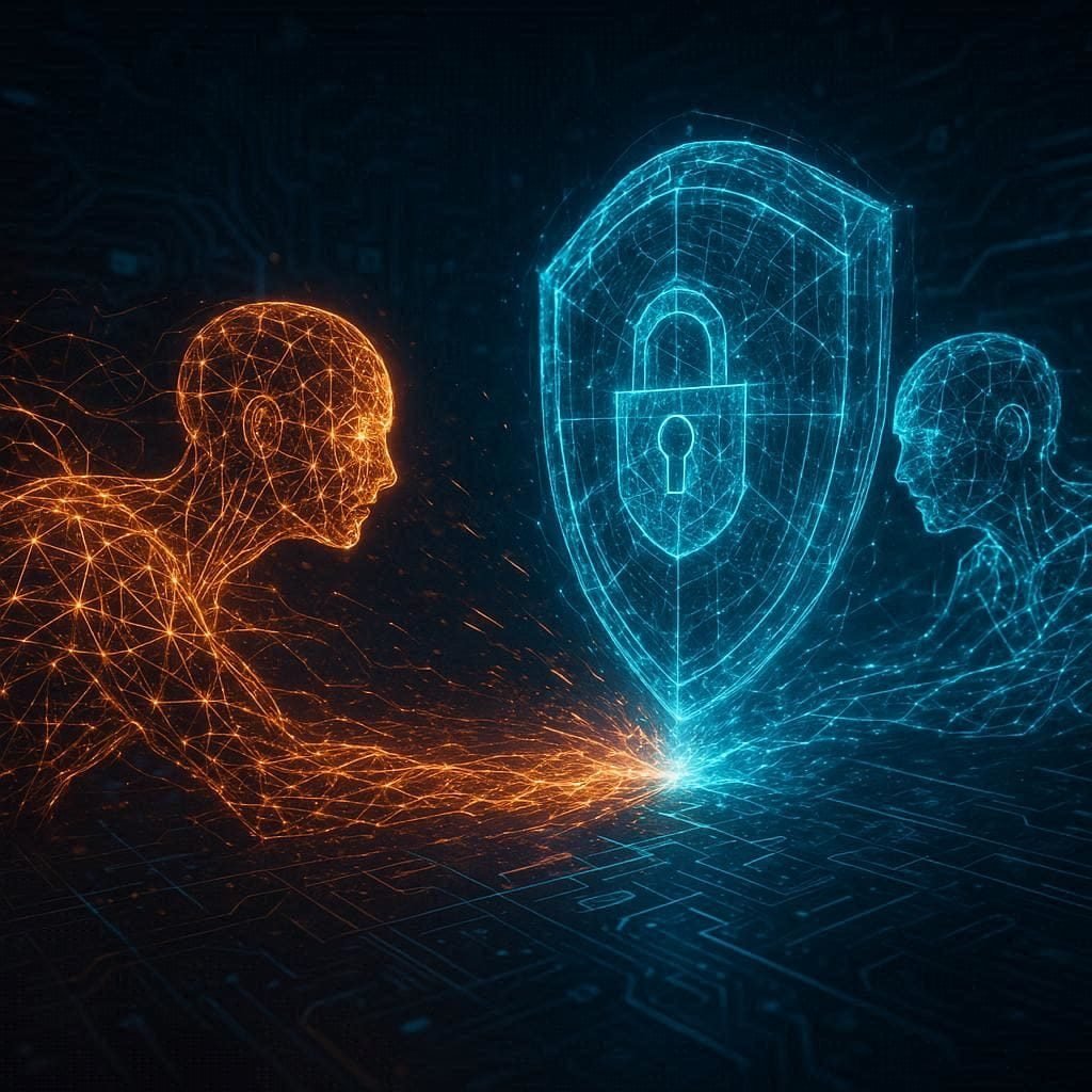 Futuristic AI vs. AI cyber battle in a digital environment representing the future of cybersecurity.