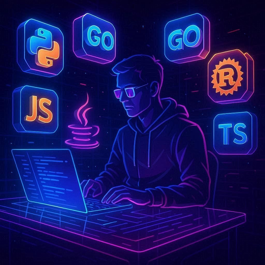Developer surrounded by floating programming language icons in a futuristic workspace.