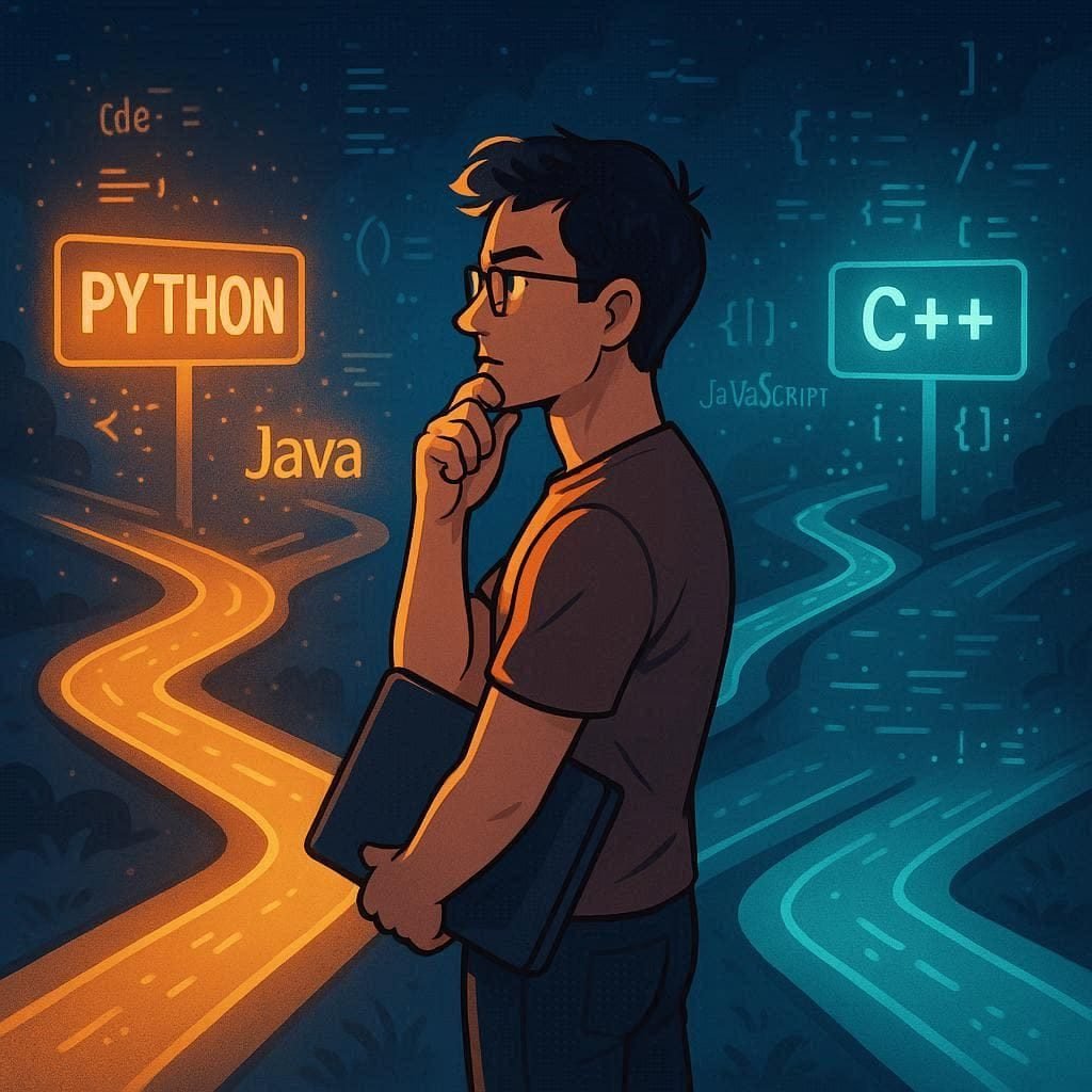 Developer at a crossroads with paths labeled with different programming languages, symbolizing the challenges of mastering multiple languages.