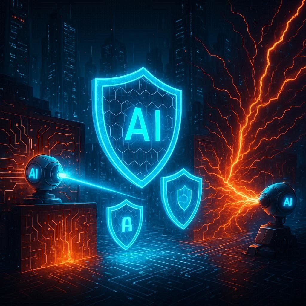 Illustration of AI cybersecurity defense systems battling advanced AI-powered cyberattacks in a futuristic digital city.