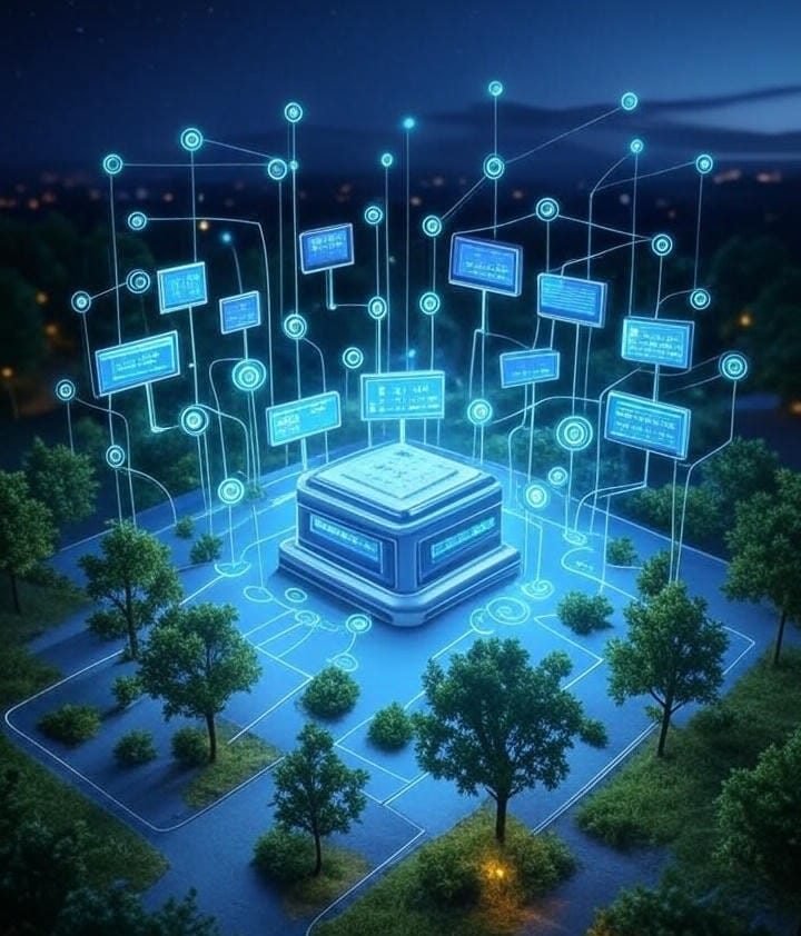 Futuristic concept showing AI-generated micro-frontends deployed globally via edge computing