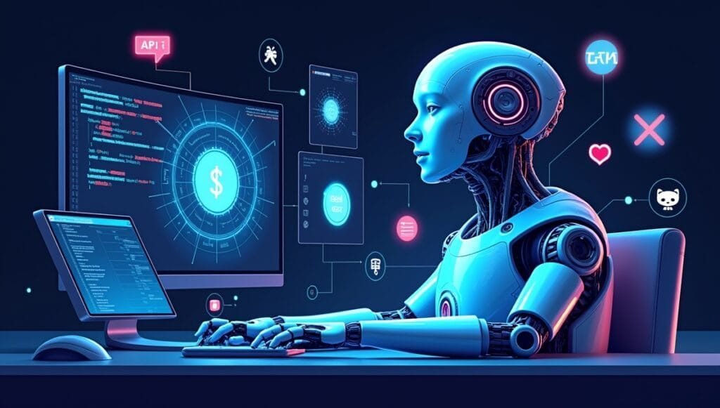 AI assistant connecting to multiple business and development tools via glowing API links.