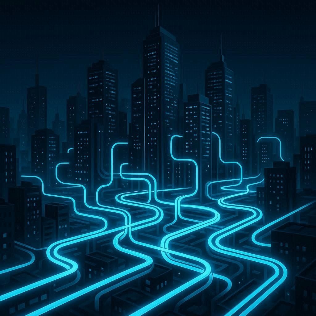 Illustration of a futuristic digital city connected by glowing pipelines, representing the promise of serverless computing.