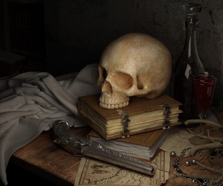 skull, dark, pirate, books, gun, dead, stacked