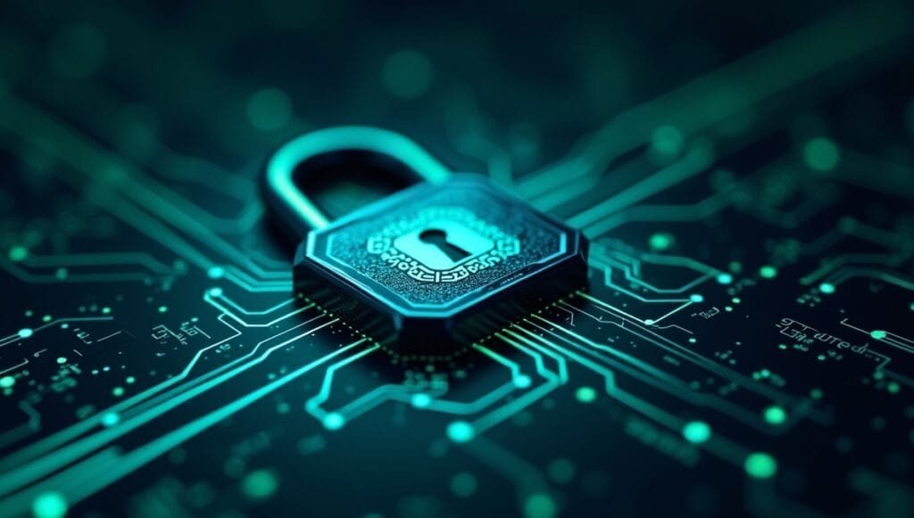 Digital lock with encrypted data streams symbolizing end-to-end encryption