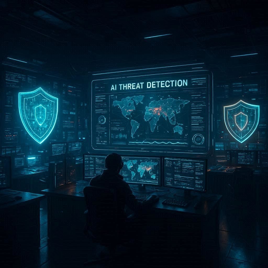 Futuristic AI-powered cybersecurity command center with holographic threat monitoring in 2030
