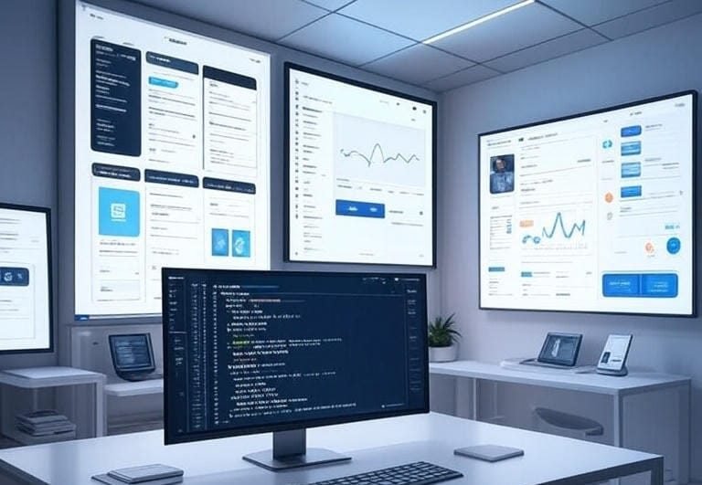 A futuristic multi-screen developer workstation showing various AI-powered tools in use: AI code autocomplete in an IDE, a UI design mockup being generated from text, automated test results dashboard, SEO analytics graph, and an AI chatbot builder interface. High-tech style, sharp detail, clean lighting, ultra-realistic.