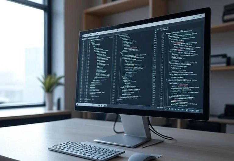 a modern collage showing AI integration in web development: a code editor with AI autocomplete suggestions, a debugging dashboard with highlighted errors, an AI tool generating a UI mockup from text, and SEO analytics charts. Clean, professional style, soft lighting, realistic detail.
