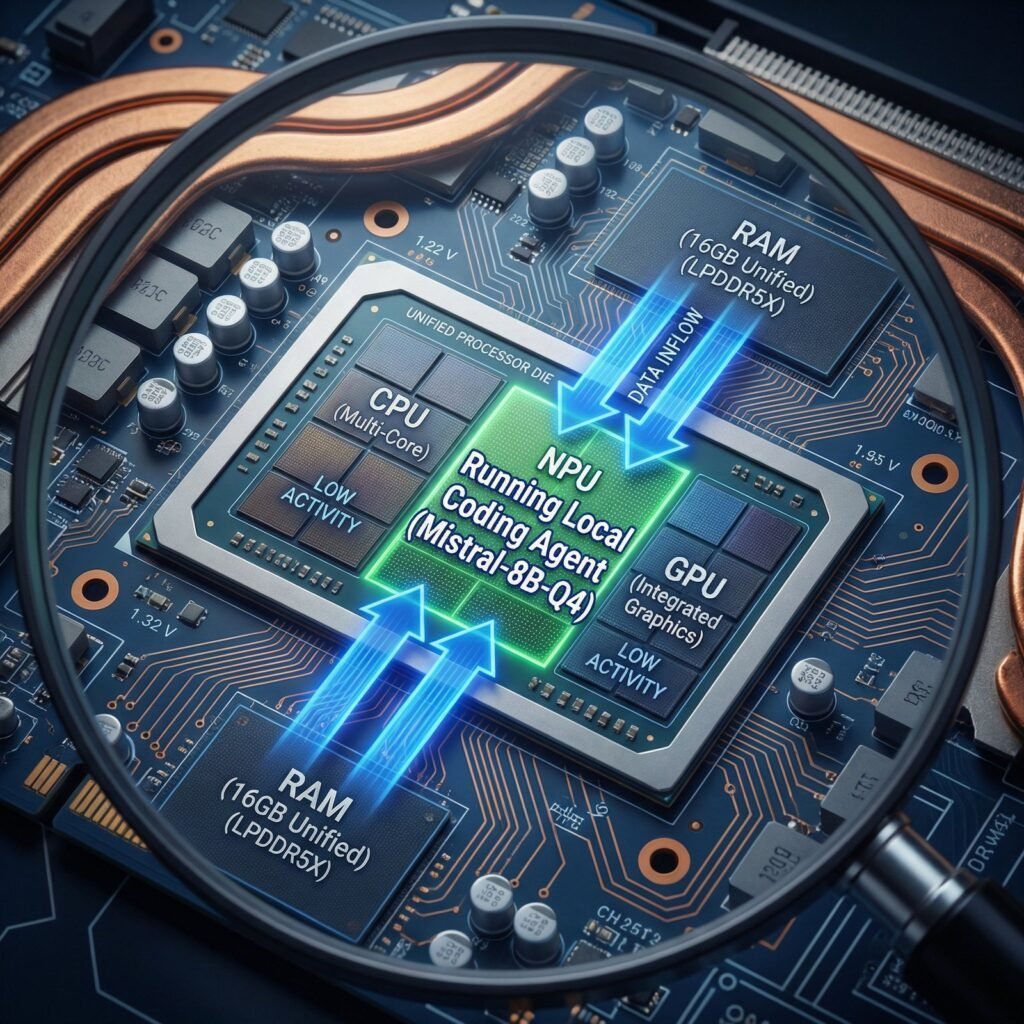 A technical diagram of a laptop processor showing the Neural Processing Unit (NPU) actively running a local AI coding agent, utilizing system RAM while the CPU and GPU remain relatively idle.