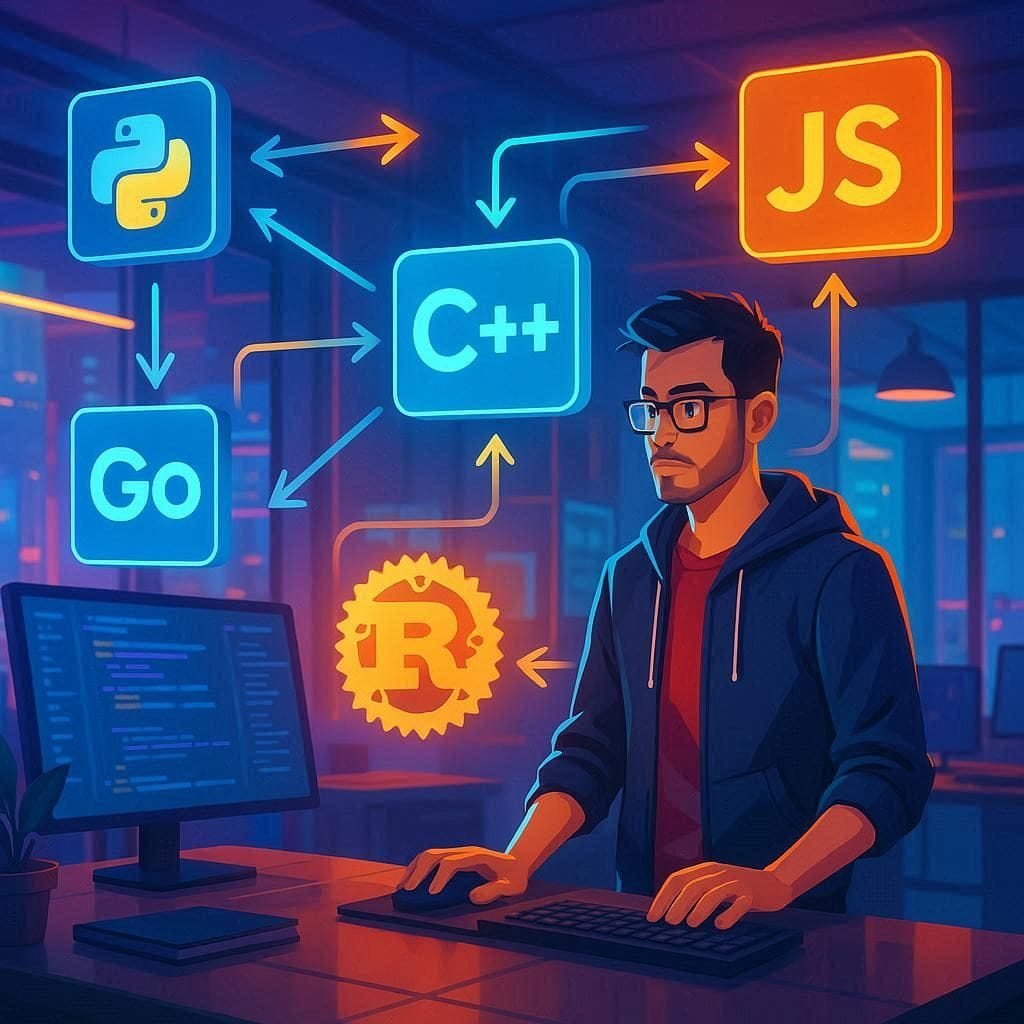 A futuristic depiction of a polyglot programmer seamlessly working across multiple programming languages.