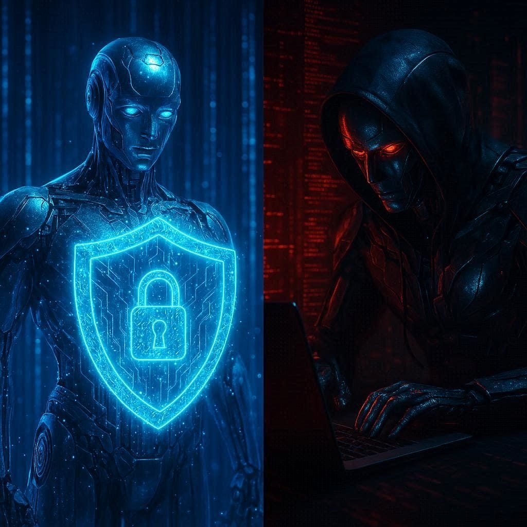 Visual representation of AI as both a cybersecurity protector and potential hacker in the future.