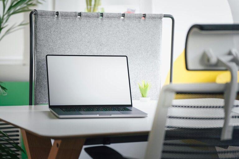 A contemporary office setup featuring a laptop, office chair, and a potted plant on a desk.