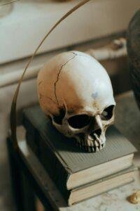 A gothic still life featuring a human skull on a stack of antique books, evoking themes of death and mystery.