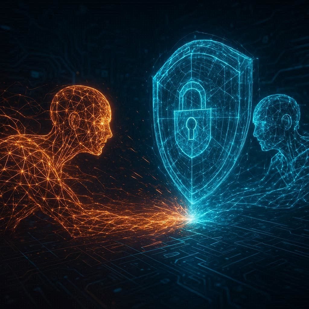 Futuristic AI vs. AI cyber battle in a digital environment representing the future of cybersecurity.