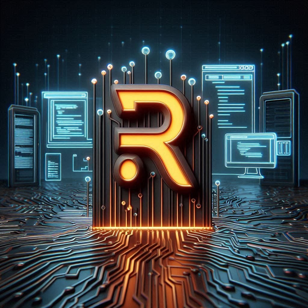 A sleek, futuristic digital illustration of the Rust programming language logo emerging from a glowing circuit board. Background shows abstract servers, browser windows, and flowing code in neon colors (orange, dark gray, and electric blue). Modern 3D tech-art style, professional, blog-featured image aesthetic.