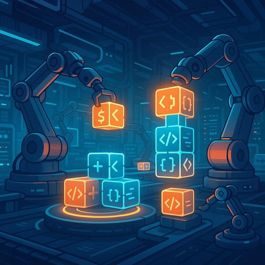 Illustration of automated robots assembling glowing code blocks, representing the efficiency and scalability of serverless computing.