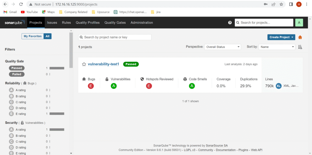 SonarQube dashboard displaying flagged vulnerabilities in a project, emphasizing insecure code sections and recommended fixes.