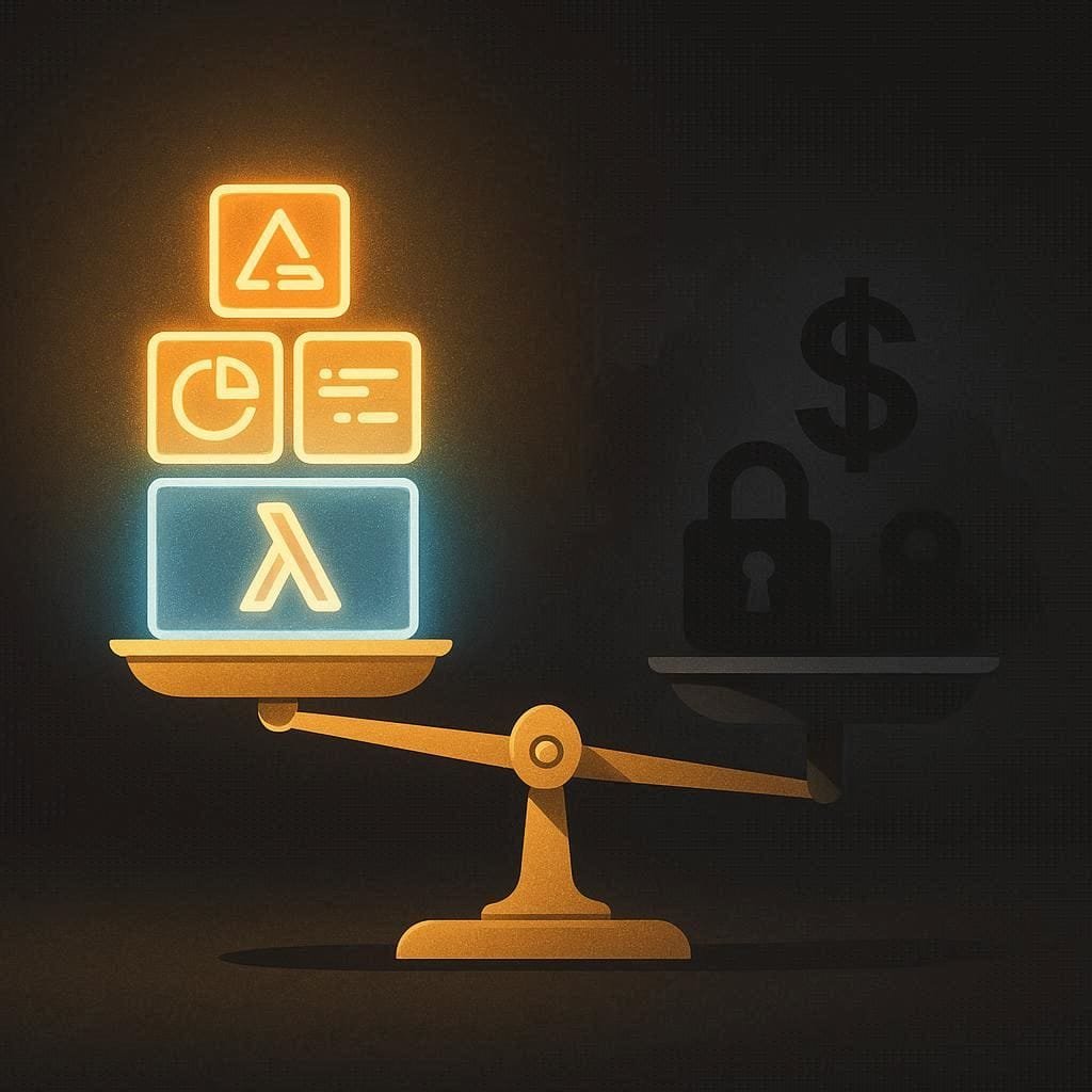 Illustration of a futuristic balance scale with glowing apps on one side and shadowy hidden costs on the other, representing the pros and cons of serverless cloud.