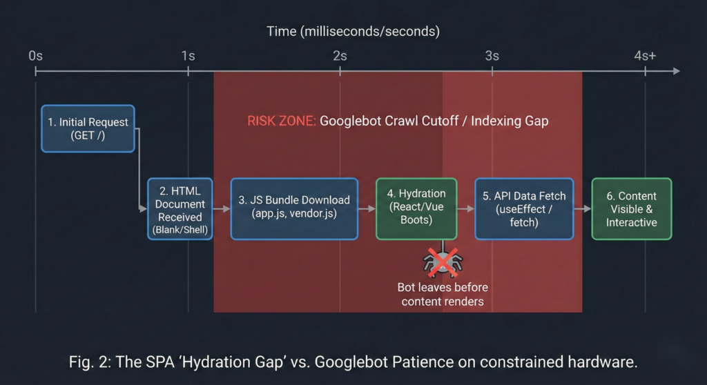 A diagram showing the "Waterfal" timeline. Request -> HTML (Blank) -> JS Download -> Hydration -> Data Fetch -> Content Visible. Mark the "Risk Zone" where Google leaves
