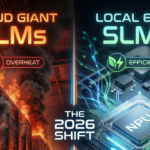 A split-screen comparison illustration showing the shift in AI technology: on the left, massive, overheating red server racks representing traditional Cloud LLMs, and on the right, a cool, efficient blue NPU chip on a laptop motherboard representing the new era of Local Small Language Models (SLMs).