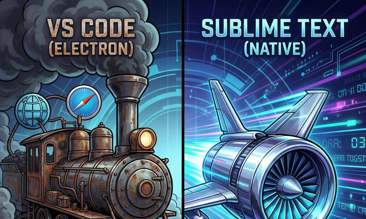 A split-screen concept illustration comparing code editors. On the left, a bloated, slow industrial machine represents VS Code with high RAM usage. On the right, a sleek, fast futuristic engine represents Sublime Text with low RAM usage.