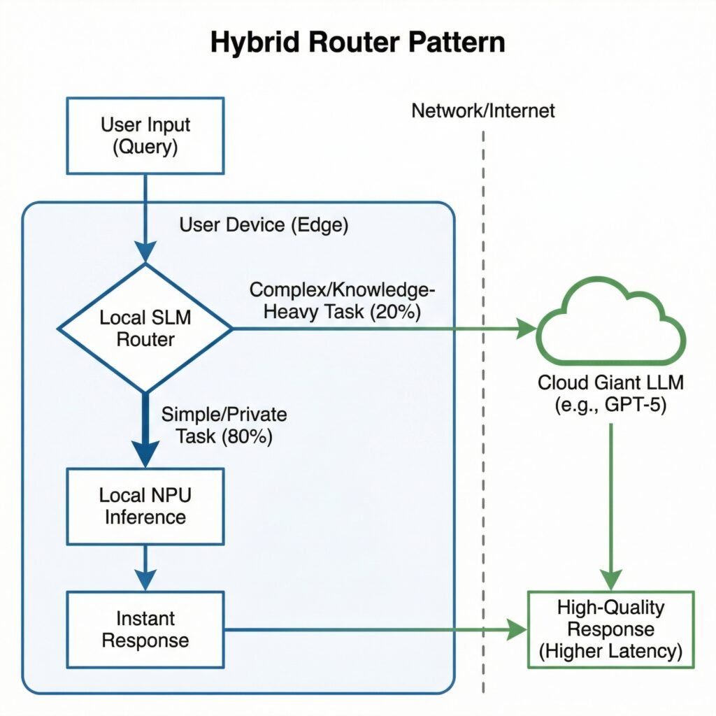 A flowchart showing a hybrid AI architecture where a local Small Language Model (SLM) handles most requests on-device, routing only complex tasks to a large cloud model.