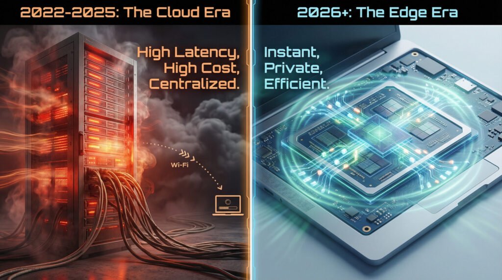 A conceptual diagram illustrating the shift from centralized Cloud AI to efficient Local Edge AI running on consumer hardware