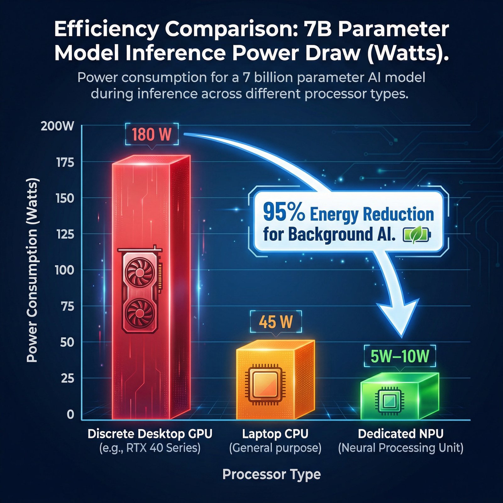 A bar chart showing that specialized NPUs consume significantly less power (5-10 Watts) compared to CPUs and GPUs when running local AI models